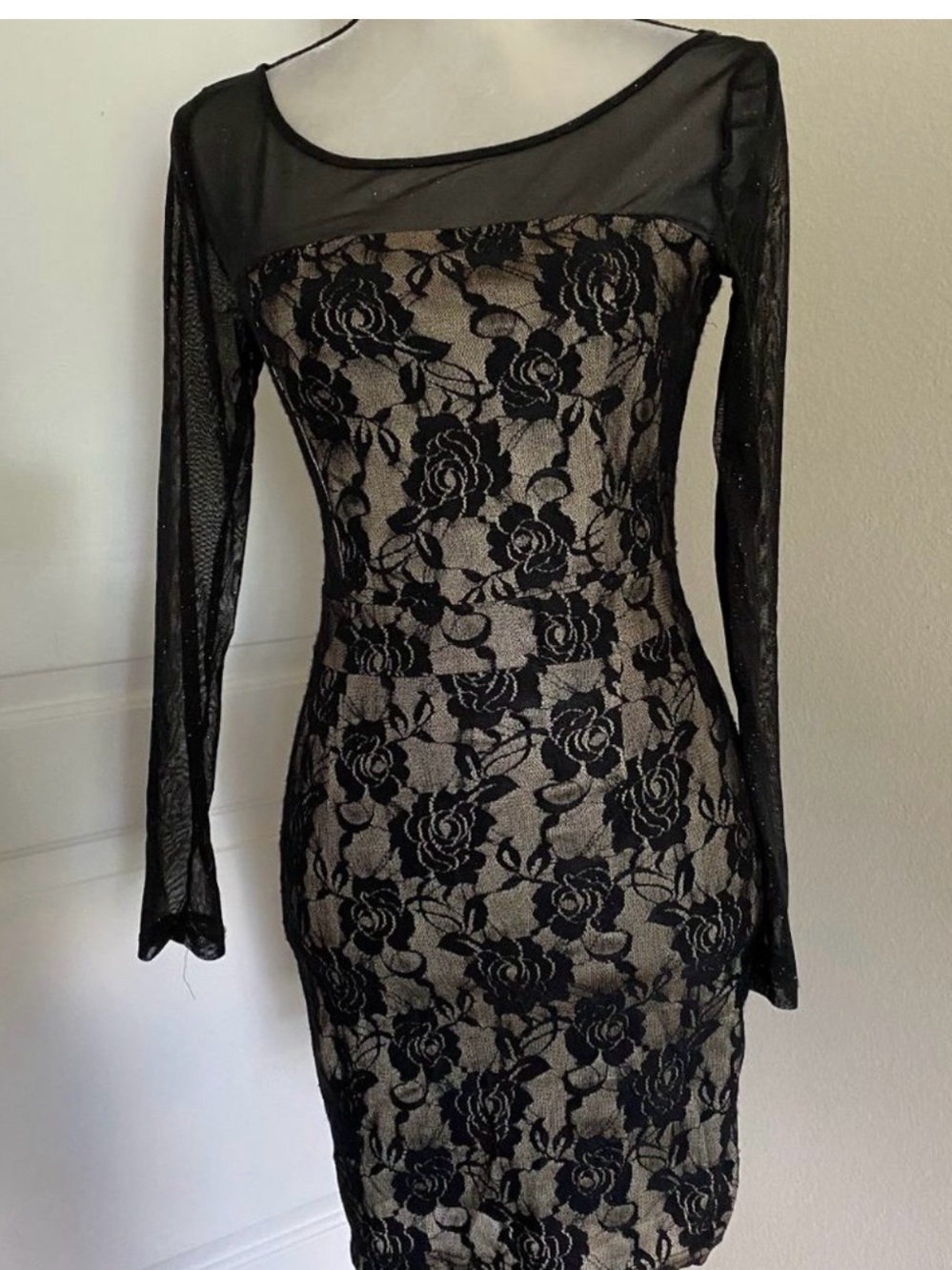 Nikibiki Black Lace Long Sleeve Sheath Dress with Nude Lining